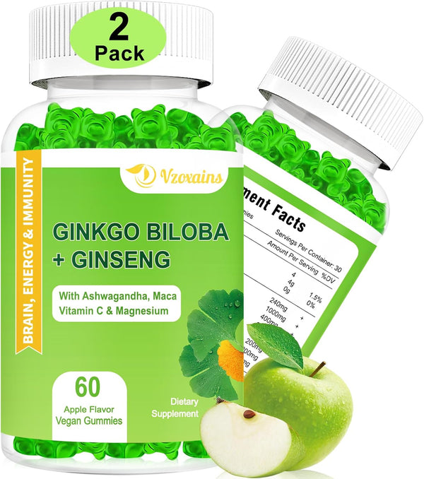 Ginkgo Biloba Gummies 2 Pack with Ginseng Maca Root & Magnesium - Organic Brain Focus Energy Mood Memory Supplements
