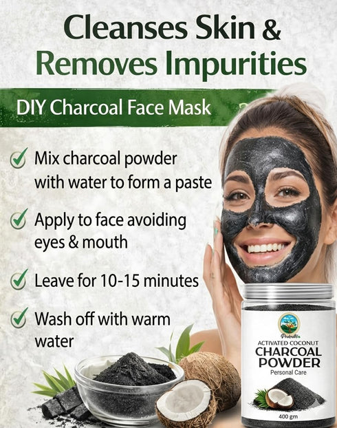 Prakruthi (400g) Activated Charcoal Powder | Coconut Shell-Based | Multipurpose Use for Oral Care, Skin Care