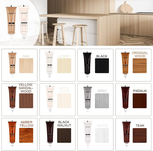 SEISSO Wood Furniture Repair Kit, 12 Colors Wood Fillers, Touch Up Markers, Beeswax, for Stains, Scratches, Cracks