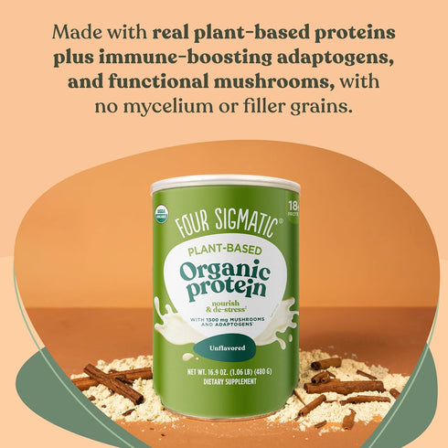 Four Sigmatic Organic Plant-Based Protein Powder, Unflavored with Lion’s Mane, 16.9 oz