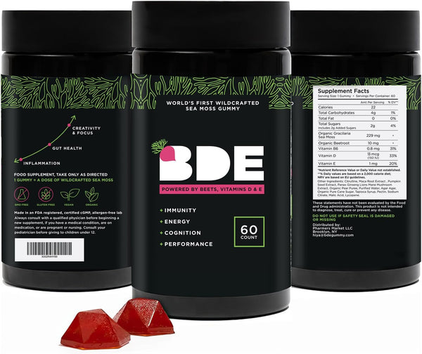 BDE Wildcrafted Sea Moss Gummy with Maca Root, Beets, Lions Mane Mushroom, 60 Count
