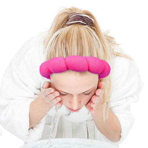 Spa Headband & Wristband Set for Washing Face - Soft Terry Cloth Bubble Hairband for Women, Hot Pink