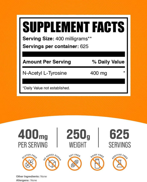 BulkSupplements.com N-Acetyl L-Tyrosine Powder: Tyrosine Supplement, Unflavored & Gluten Free, 400mg per Serving, 250g