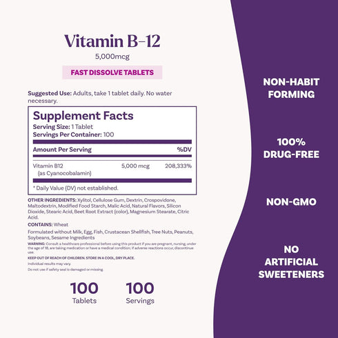 Natrol Vitamin B12 Fast Dissolve Tablets, Maximum Strength, 5,000mcg, 100 Count, Strawberry Flavor