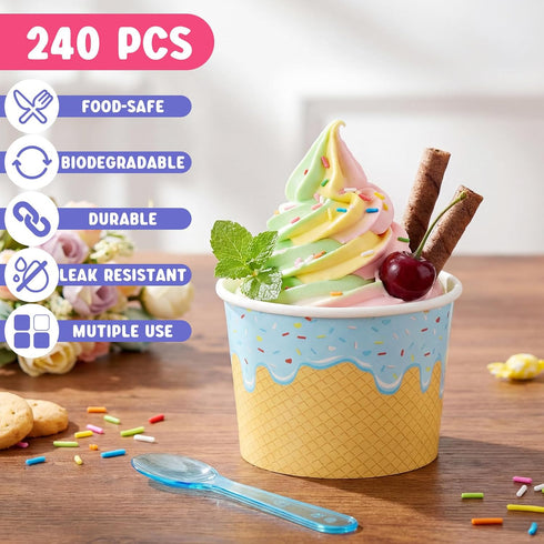 Jingmore 240 Set 6 oz Summer Paper Ice Cream Cups Bulk with Spoons Disposable Sundae Bowls Colorful Paper Dessert Cups