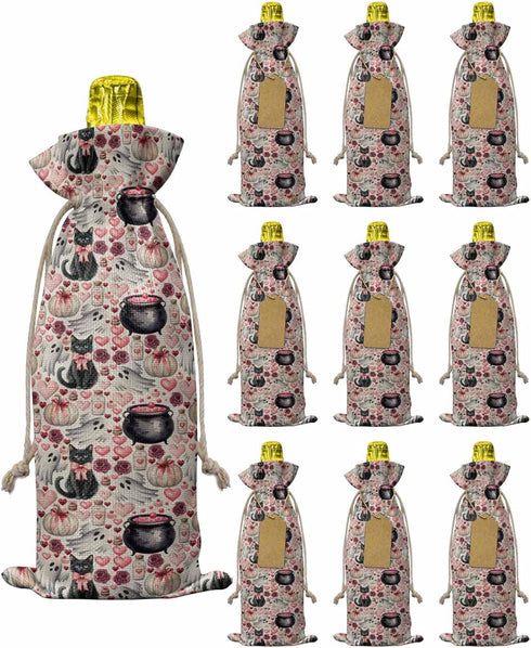 Home L6 Halloween Burlap Wine Bags 10 PCS Pink Bow Cat Wine Bottle Gift