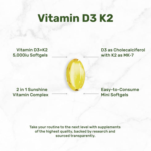 DEAL SUPPLEMENT Vitamin D3 5,000 IU + K2 MK7 Softgels, 250 Count, 2-in-1 Complex for Heart, Bone, Teeth & Immune Health