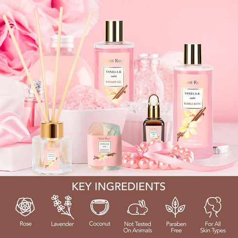 Spa Gift Basket Vanilla Oat 14 Pcs Bath Scents for Women,Bath Gift Set Enriched Shea Butter. Home Spa with Shower Gel, Body Oil, Diffuser, Shower Steamer & More for Mom