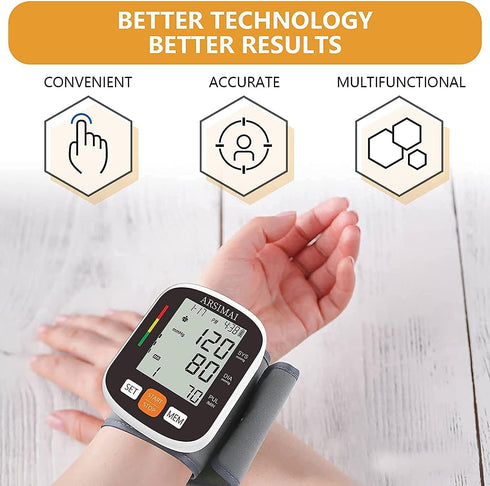 Automatic Wrist Blood Pressure Monitor with Adjustable Cuff, 2AAA Battery, Storage Case, Irregular Heartbeat Detector