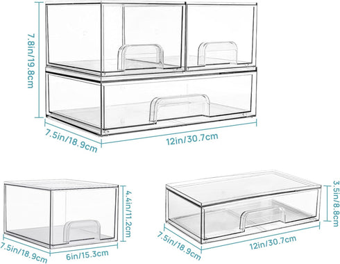 Vtopmart Stackable Storage Drawers Set of 3 - 12" Wide, 4.4'' Tall Clear Plastic Organizer Bins for Makeup, Beauty