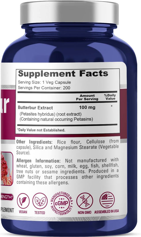 NusaPure Butterbur Extract, 100mg per Veggie Capsule, 200 Non-GMO, Vegetarian Capsules