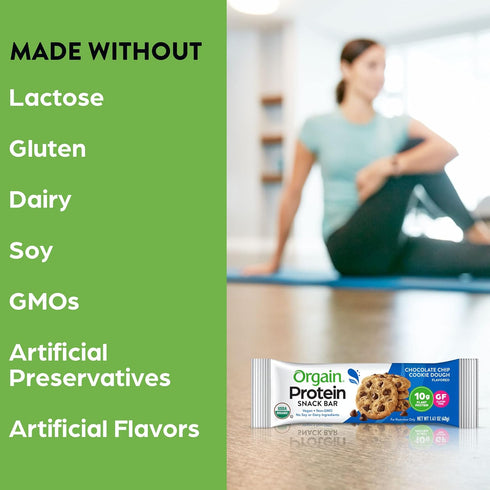 Orgain Organic Vegan Protein Bars, Chocolate Chip Cookie Dough - 10g Plant Based Protein, Gluten Free - 1.41 Oz (Pack