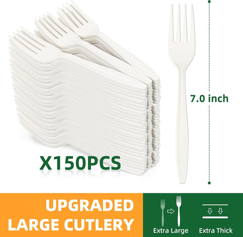 100% Compostable Fork, 7" 150pcs Disposable Cornstarch Forks Heavy Duty Cutlery BPI Certified Eco-Friendly Utensils Biodegradable Party Dinner Supplies No Plastic, Ivory White by FEHHTO
