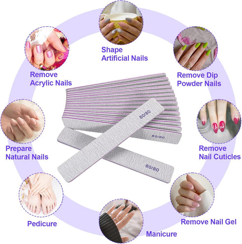 Heavy Coarse 80/80 Grit Nail Files (12 Pack) - Double Sided Emery Boards for Acrylic & Gel Nails, Gray