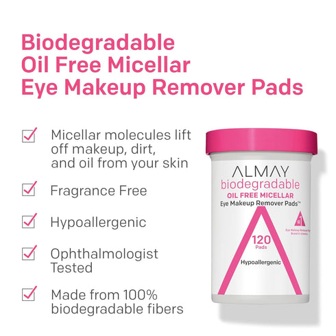 Almay Biodegradable Makeup Remover Pads, Micellar Gentle, Hypoallergenic, Fragrance-Free, Dermatologist & Ophthalmologist Tested, 120 count (Pack of 1)