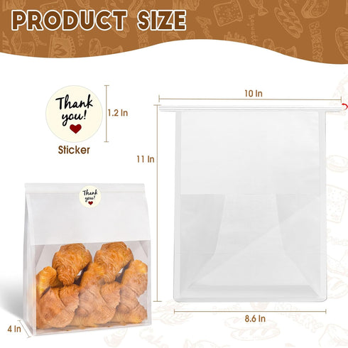 60pcs Bakery Bags with Thank You Stickers, 11x8.6x4 inches Sourdough Bread Bags with Clear Window for Packaging