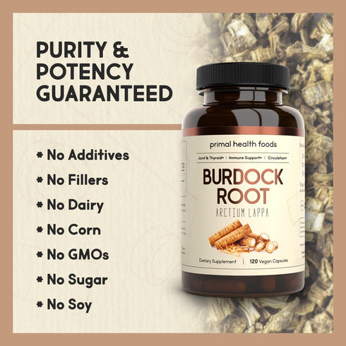 Organic Burdock Root Capsules 1000 mg, 60 Servings for Circulation, Blood, Immune, Thyroid, Skin, Joint Support