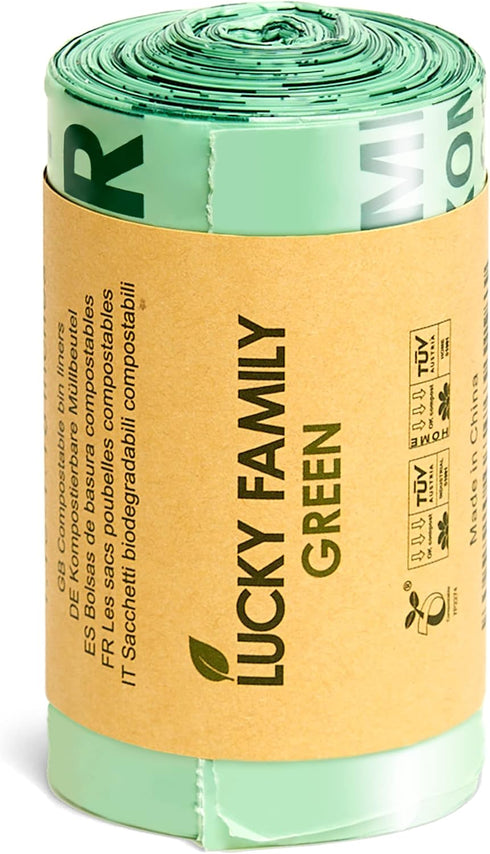 Lucky Family Green Compost Bags - 1.3 to 1.6 Gallon Kitchen Countertop Bin, 100% Compostable Trash Bags
