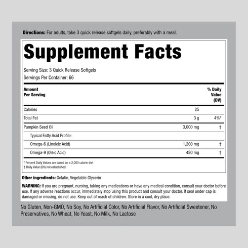 Piping Rock Pumpkin Seed Oil Capsules 3000mg | 200 Count | Cold Pressed Herbal Supplement | Extra Virgin | Non-GMO, Gluten Free
