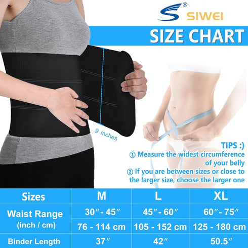 S Abdominal Binder Post Surgery, Elastic Waist Band for Stomach Support & Compression, 3 PANEL - 9" High BLACK