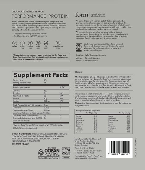 Form Performance Protein - Vegan Protein Powder - 30g Plant Based Protein per Serving with BCAAs - Tastes Great