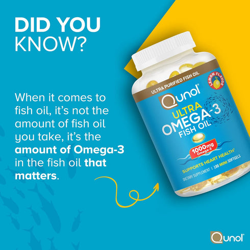 Qunol Fish Oil Omega 3 Mini Softgels, 1000mg Omega 3 EPA + DHA, Ultra Pure Supplements for Heart Health, Lemon Flavor,