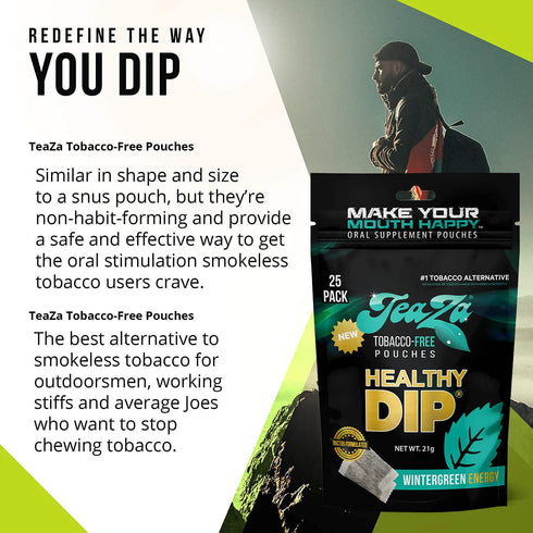 Teaza Herbal Energy Pouches, Tobacco Alternative Nicotine Free Dip, Smokeless Snuff Healthy Dip Pouches, Wintergreen