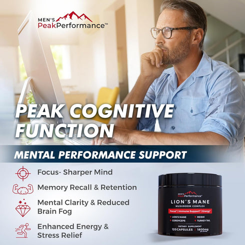 MEN'S PeakPerformance Mushroom Complex with Lions Mane, Reishi, Cordyceps, Turkey Tail, Nootropic Brain Supplement for