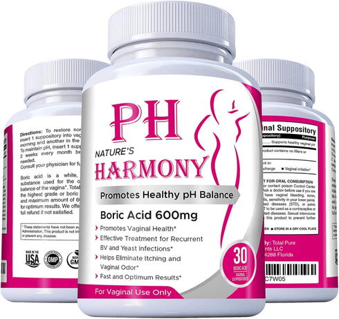 Nature's Harmony 30 Count 600 100% PURE PLANT HOME Boric Acid Suppositories mg Pure Made in USA