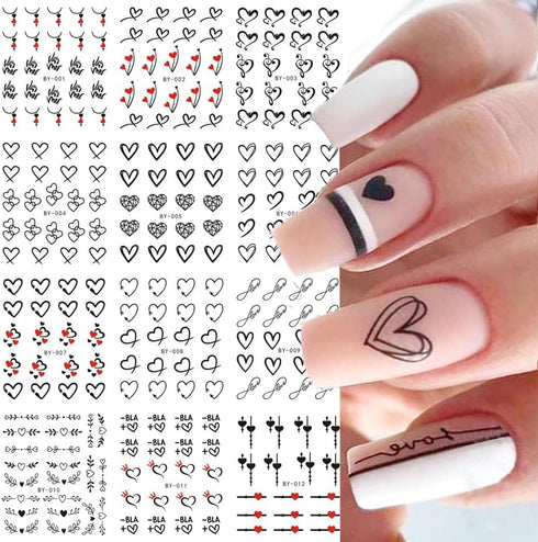 Valentine's Day Nail Art Stickers, Black Heart Water Transfer Decals, Simple Love Design for Women 12Pcs
