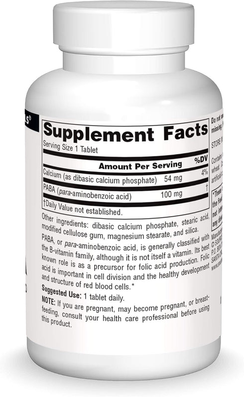 Source Naturals PABA, Para-Amino Benzoic Acid | 100 mg Dietary Supplement, 250 Tablets