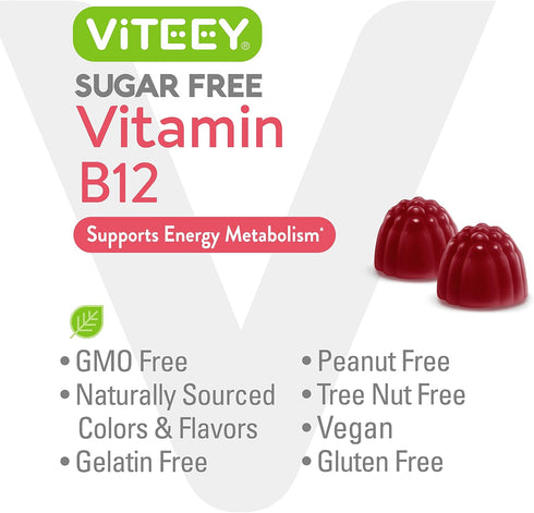 Vitamin B12 Gummies for Adults & Teens 1000mcg, Sugar Free - Vegan, Gluten Free, Tasty Chewable Strawberry Gummy