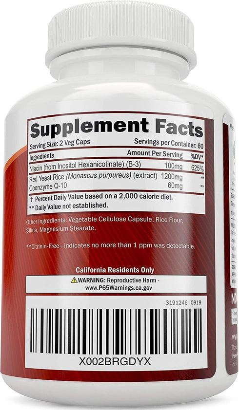 Red Yeast Rice 1200mg with CoQ10 Supplement & Flush Free Niacin 120 Extra Strength Vegetarian Capsules – Healthy Heart