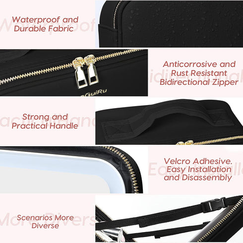 Travel Makeup Bag, Black Cosmetic Train Case with Lighted Mirror, Adjustable Brightness, Toiletry Storage Case for