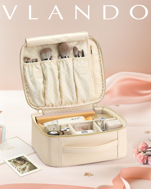 Vlando Travel Makeup Bag, Large Capacity PU Leather Cosmetic Case Organizer, Portable Bag with Dividers and Handle Beige