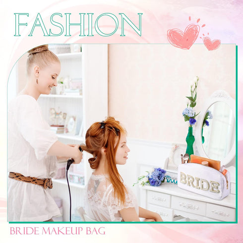 Nylon Bride Makeup Bag, Large Cosmetic Travel Toiletry Bag with Pearl Rhinestone Letter Patch for Women