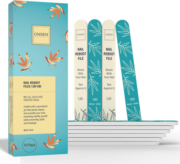Onsen Secret Japanese Nail File - Professional 10-Pack Double Sided Natural & Acrylic Filers - 120/180 Grit