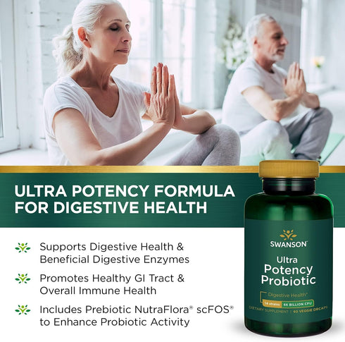 Swanson Ultra Potency Probiotic Digestive Health, 66 Billion CFU Prebiotic NutraFlora scFOS 60 Capsules