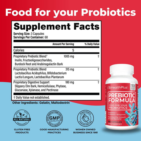 Health Plus Prebiotic Formula, Probiotics + Digestive Enzymes, 180 Capsules