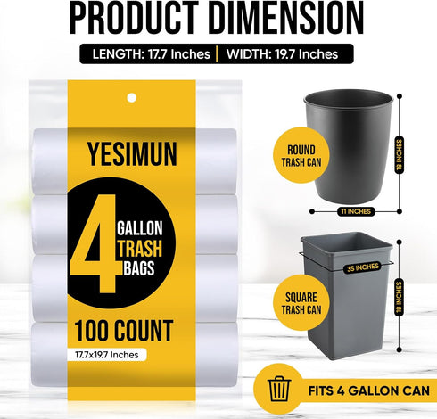 Small Trash Bags, 4 Gallon, 100 Count, White, Unscented, Thickened & Strong Liners for Kitchen Office