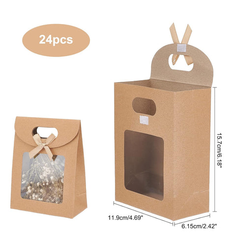 NBEADS 24 Pcs Kraft Paper Bags with Window, 4.7x2.4x6.2 Stand Up Gift Bags for Candy Cookies Packaging