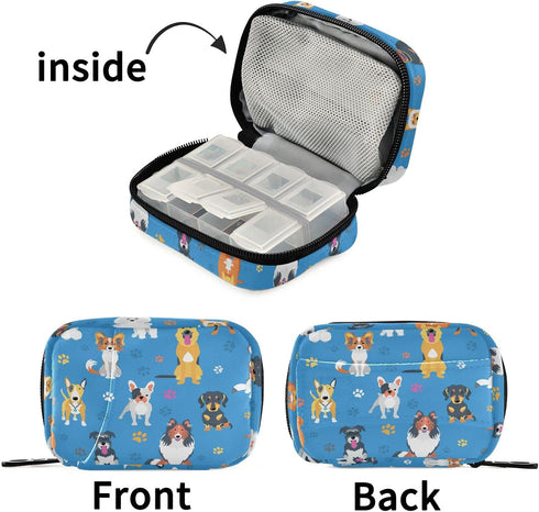 Ollabaky 7 Cute Dogs Pill Organizer Case, Portable Weekly Pill Box Bag Container Days Pill Vitamin Supplement Holder