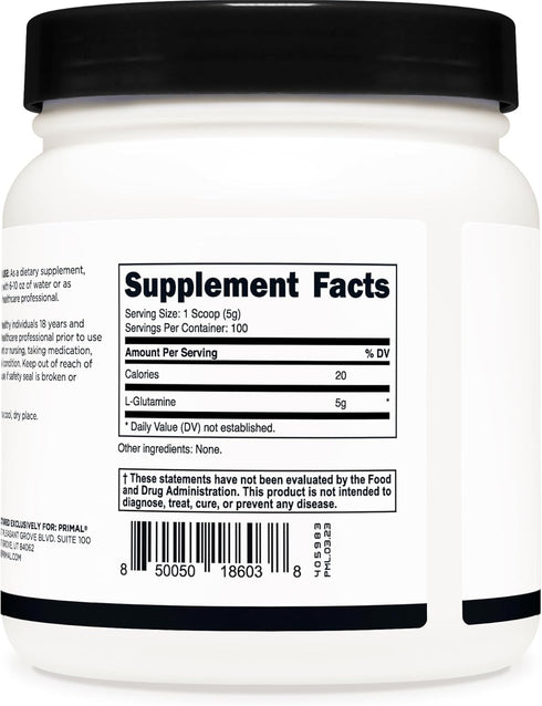 Primal L-Glutamine Powder (500 Grams, 100 Servings) | Pure Unflavored Glutamine Amino Acid for Sport & Workout Support