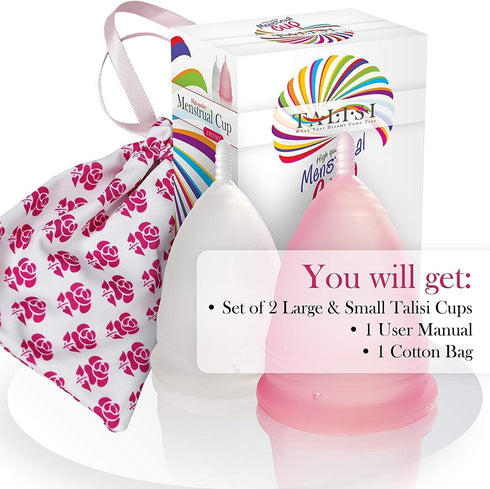 Talisi Menstrual Cups Set of 2 - Reusable Period Kit (Small & Large Sizes) - Super Soft Silicone for Feminine Hygiene.