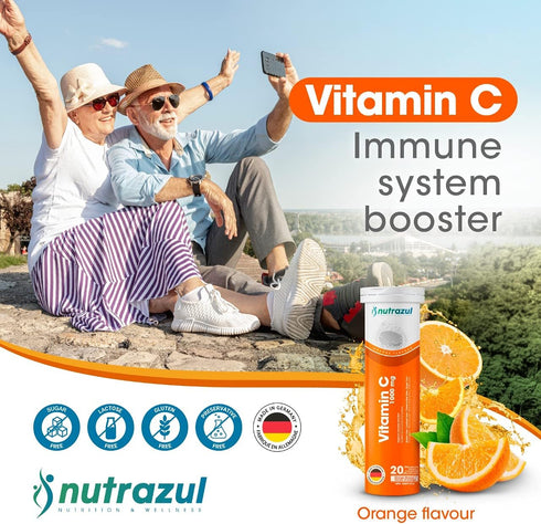 nutrazul Vitamin C 1000mg Effervescent Tablets - Orange 20’s (Pack of 3) | Gluten Free, Lactose Free, Sugar Free &