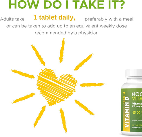 Noor Vitamins Halal Vitamin D, Halal Vitamin D3, 1000 IU Tablets, Supports Bone, Immune & Heart Health, 60 Count