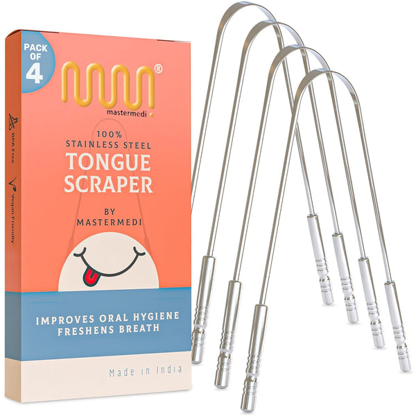 MasterMedi Tongue Cleaner Dental Kit - Surgical Grade Stainless Steel Tongue Scraper Brush - Family Pack (4 pcs) to