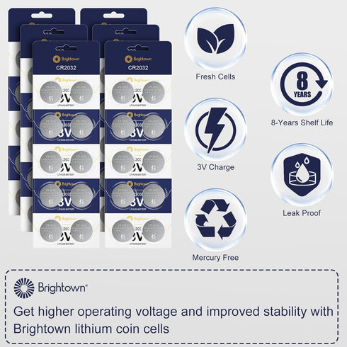Brightown CR2032 Batteries, 3V Lithium Coin Cell Batteries, 60 Count for Small Electronic Devices