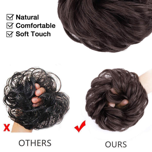 MORICA 2PCS Messy Bun Hair Pieces, Fake Bun Scrunchies for Thin Hair, Curly Wavy Dark Brown
