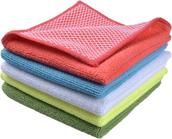 SINLAND 5 Color Assorted Microfiber Dish Cloth Towels, 12"x12", Best Kitchen Cleaning Cloths, 5 Pack